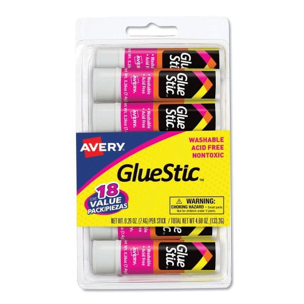 Avery Permanent Glue Stic Value Pack, 0.26 oz, Applies White, Dries Clear, 18/Pack, Each