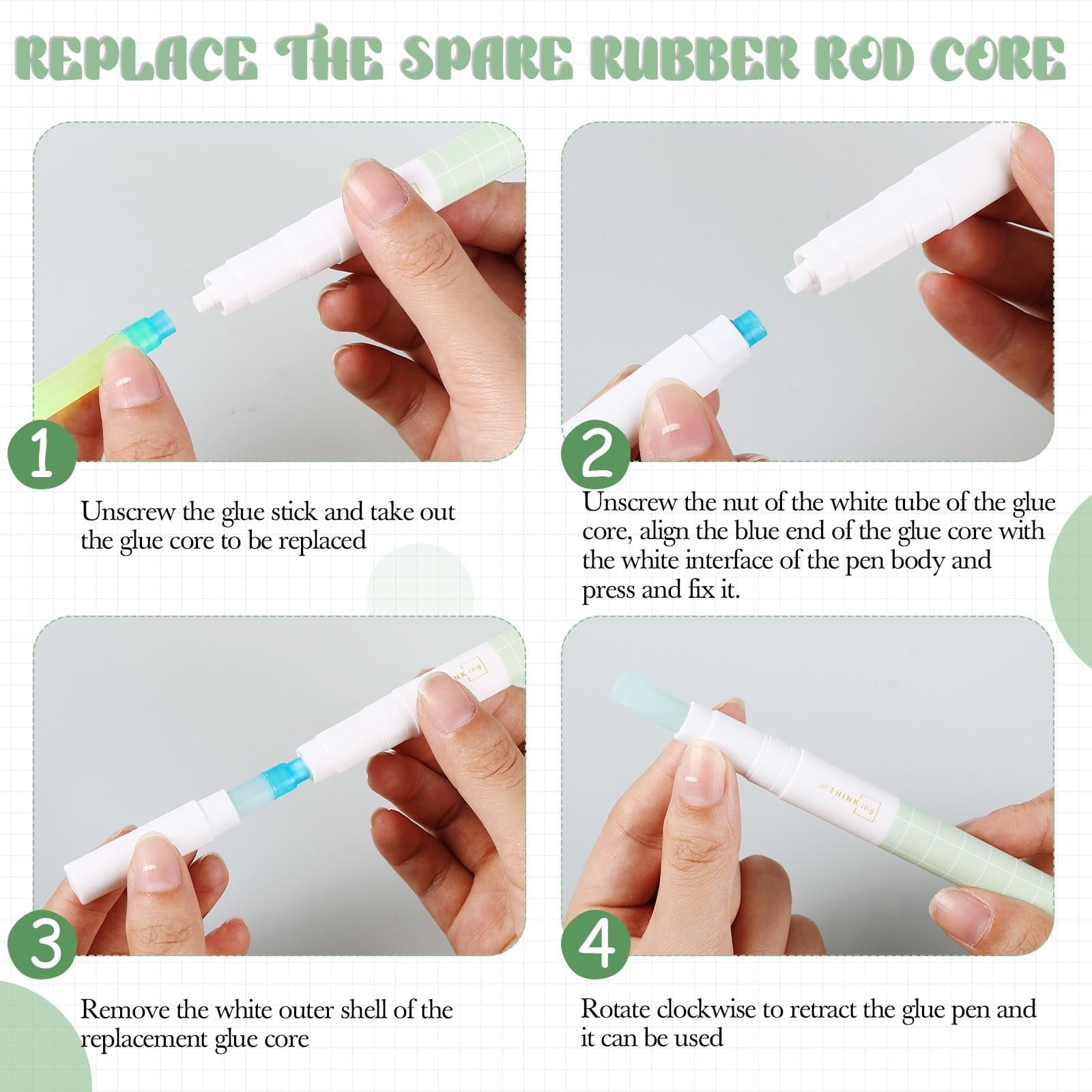 Ngheia Pen-Shaped Glue Stick Refill, Pen Glue 4 Pack Replacement Cartridges Grid Pattern Design Colors Compatible with Standard Pen Glue Applicators, 1 Card Glue Stick (4Pcs)