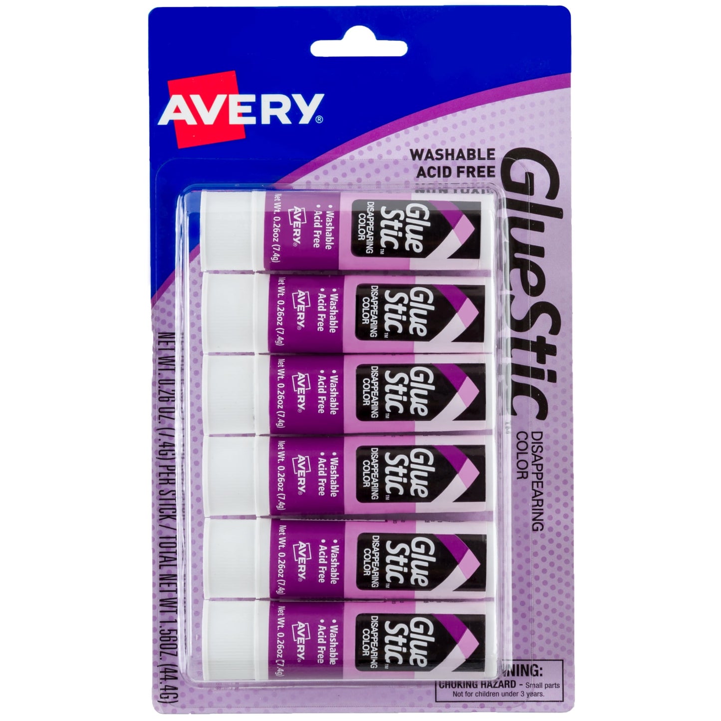 Avery Glue Stic Disappearing Purple Color, 0.26 oz., Permanent, 6PK