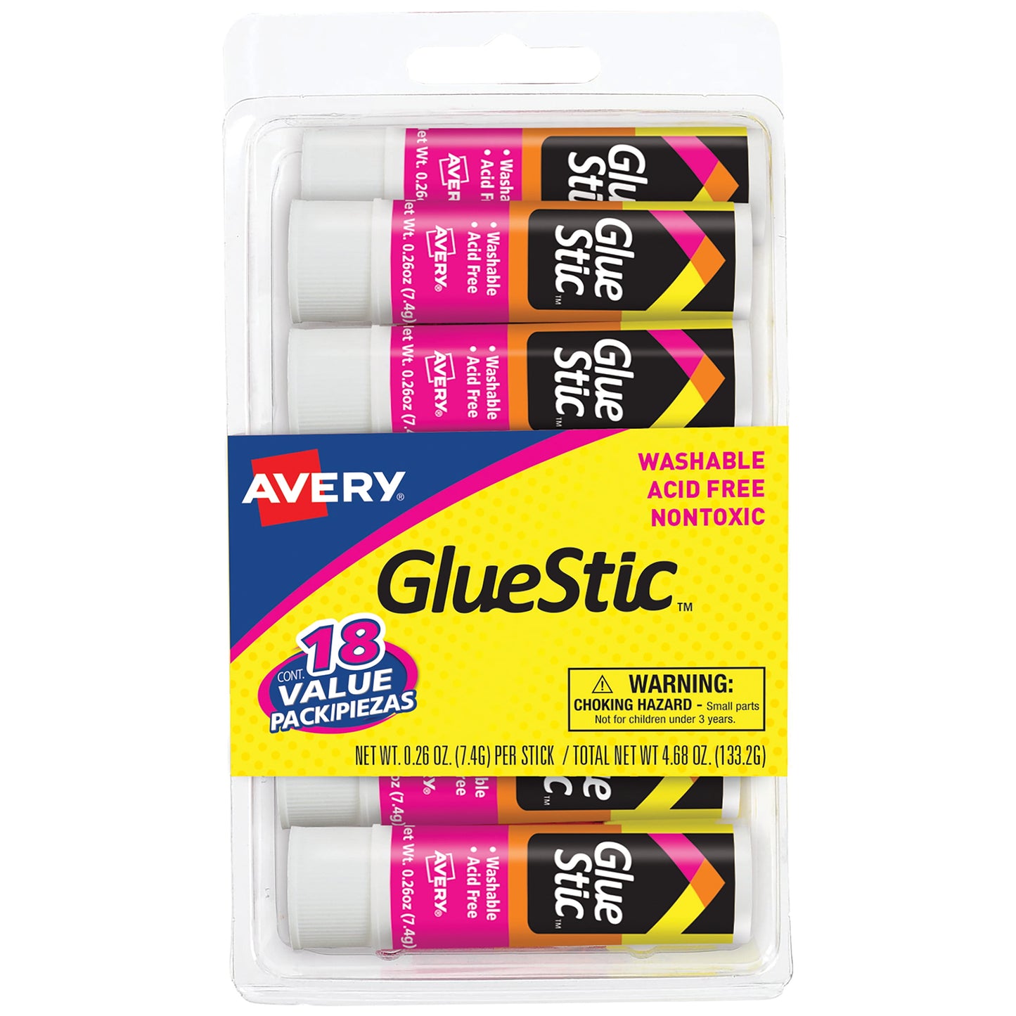 Avery Glue Stic White, 0.26 oz., Nontoxic, Perm Adh, 18 Glue Sticks