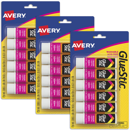 Avery Glue Stick White, Washable, Nontoxic, Permanent Glue, 6 per Pack, 3 Packs, 18 Total (98095)