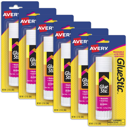 Avery Glue Stick White, Washable, Permanent, 1 per Pack, 6 Packs, 6 Glue Sticks Total (00191)