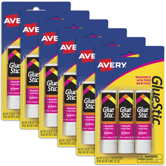 Avery Glue Stick White, Washable, Permanent, 3 per Pack, 6 Packs, 18 Glue Sticks Total (00164)