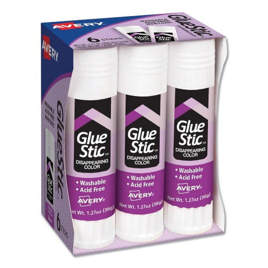 Avery Permanent Glue Stic Value Pack, 1.27 oz, Applies Purple, Dries Clear, 6/Pack, Each