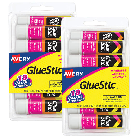 Avery Glue Stic Value Pack, White, Washable, Nontoxic, 0.26 oz., 18 per Pack, 2 Packs, 36 Permanent Glue Sticks Total (50224)