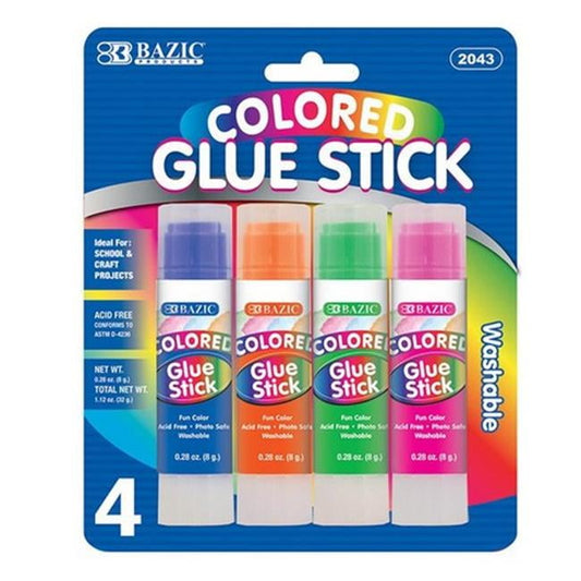 Bazic 2043   8g / 0.28 Oz Washable Colored Glue Stick (4/Pack)  Case of 24