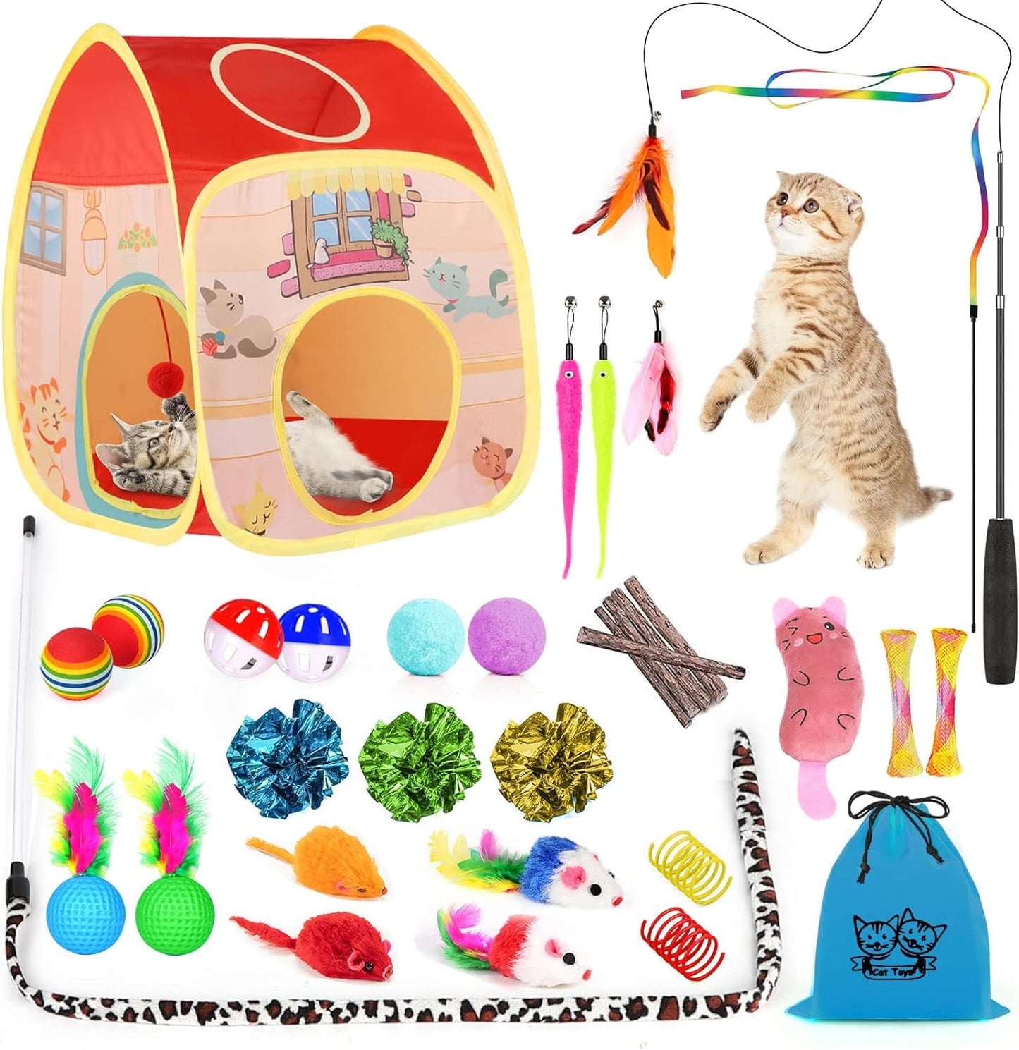 TAIMASI 34Pcs Cat Toys Kitten Toys, Interactive Kitty Toys with Collapsible Cat Tunnels Tent, Cat Wand Catnip Feather Teaser